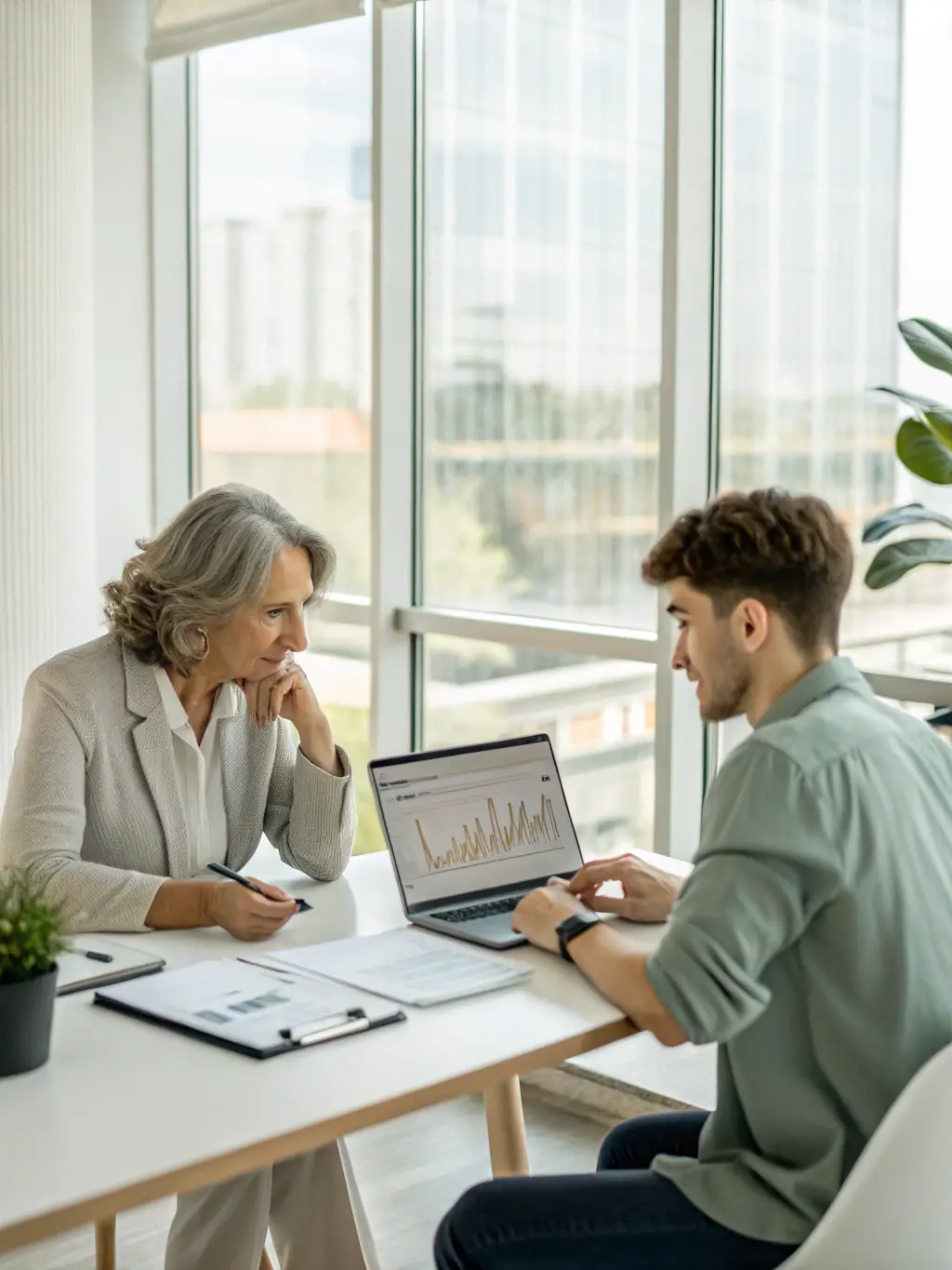 A financial coach discussing strategies with a client in a modern office setting.